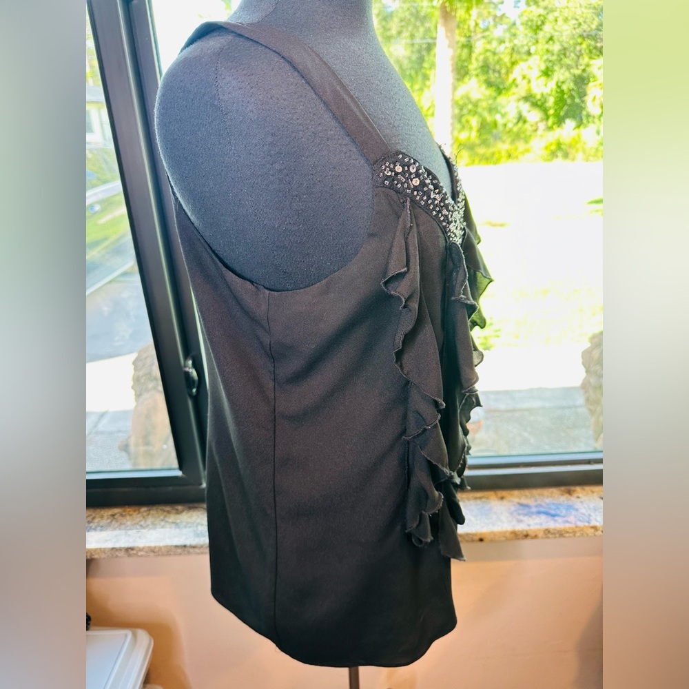 NY Collection Black Beaded Sleeveless Ruffle Blouse Size Large - Picture 4 of 8